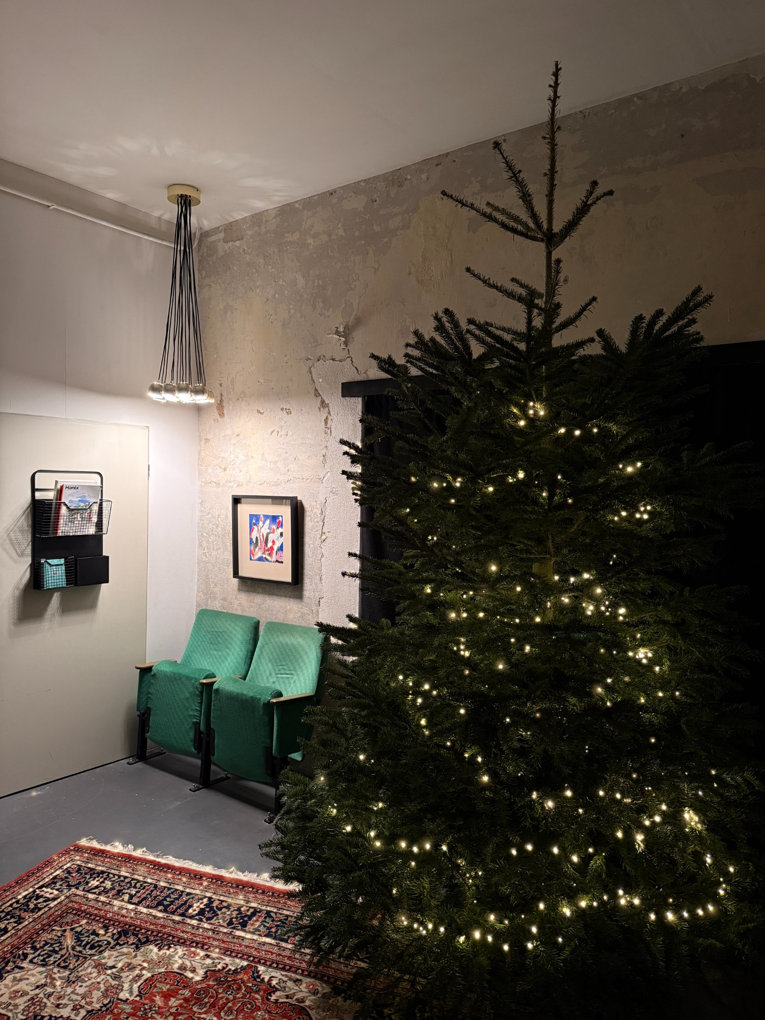Der WerDerRaum an Weihnachten: ein echter Tannenbaum mit Lichterkette, daneben die grünen Kinostühle vor der alten Wand